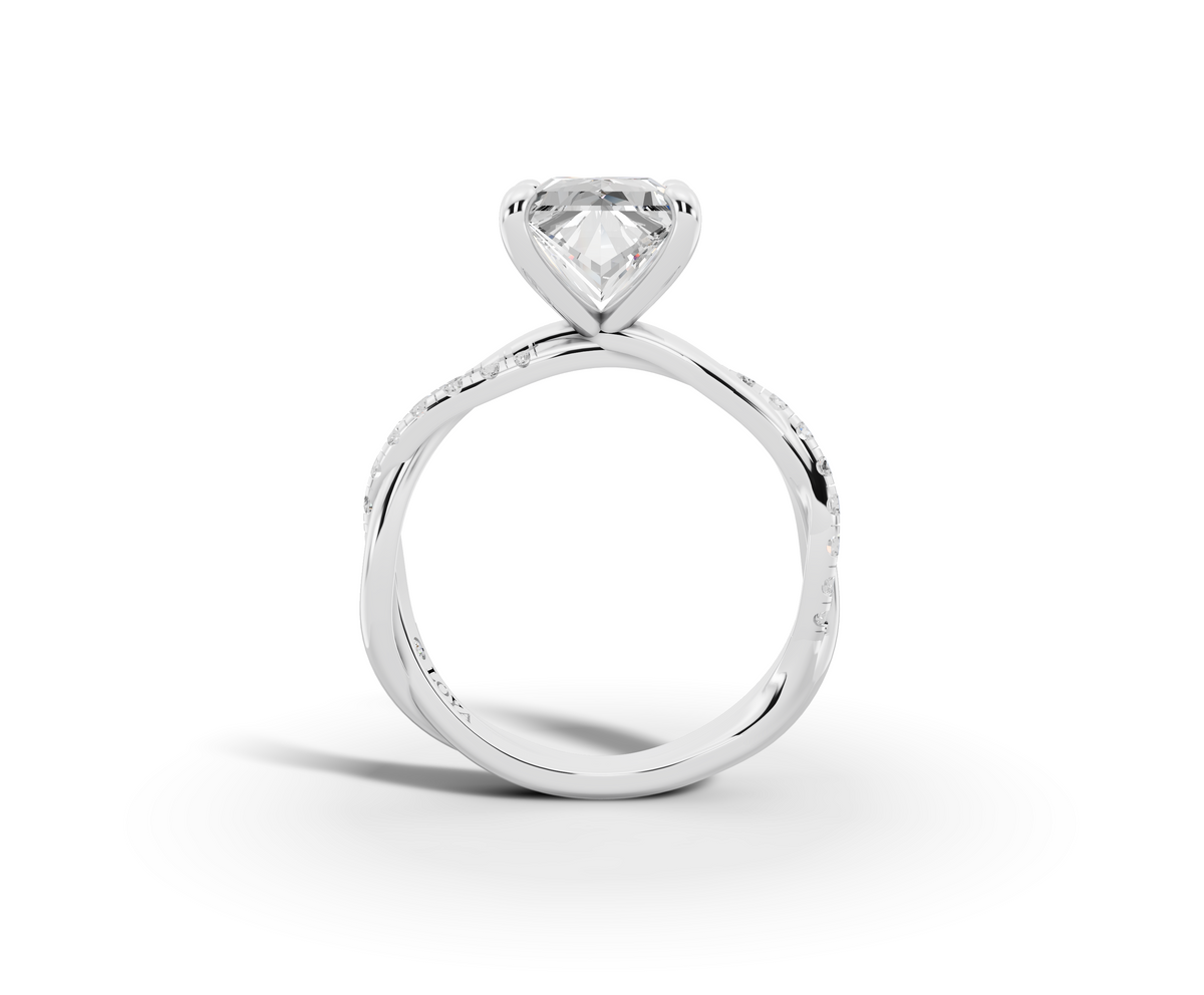 Mira Princess Shape Ring in 18K white gold with diamonds on the band, set with a LOYA diamond (side view)
