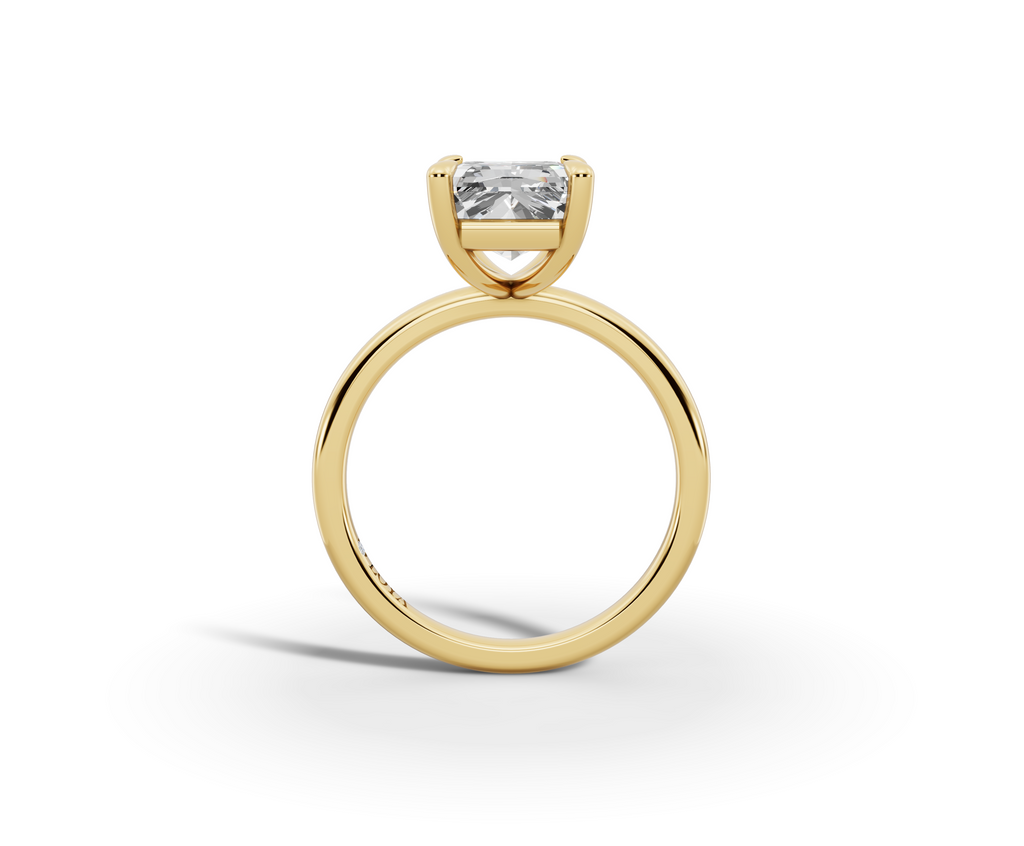 Vita Radiant Shape Ring in 18K yellow gold with a plain band, set with a LOYA diamond (side view)