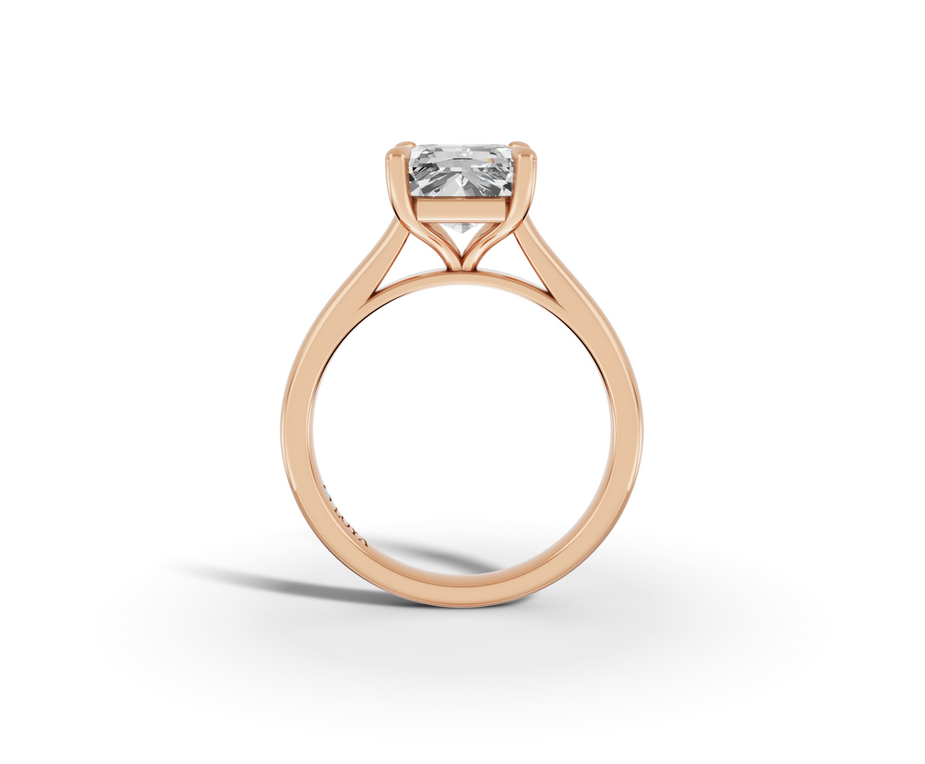 Alba Radiant Shape Ring in 18K rose gold with a plain band, set with a LOYA diamond (side view)