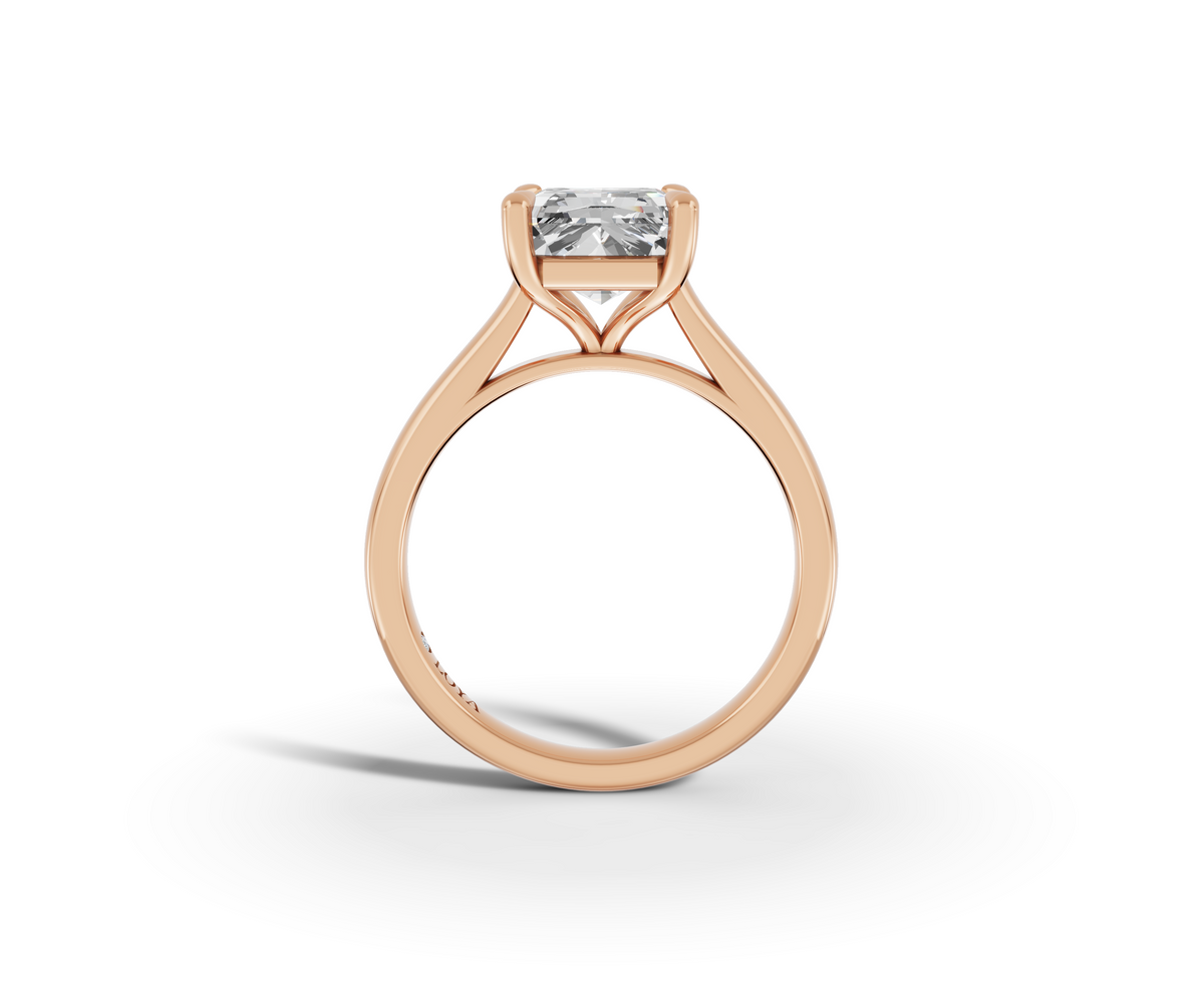 Alba Radiant Shape Ring in 18K rose gold with a plain band, set with a LOYA diamond (side view)