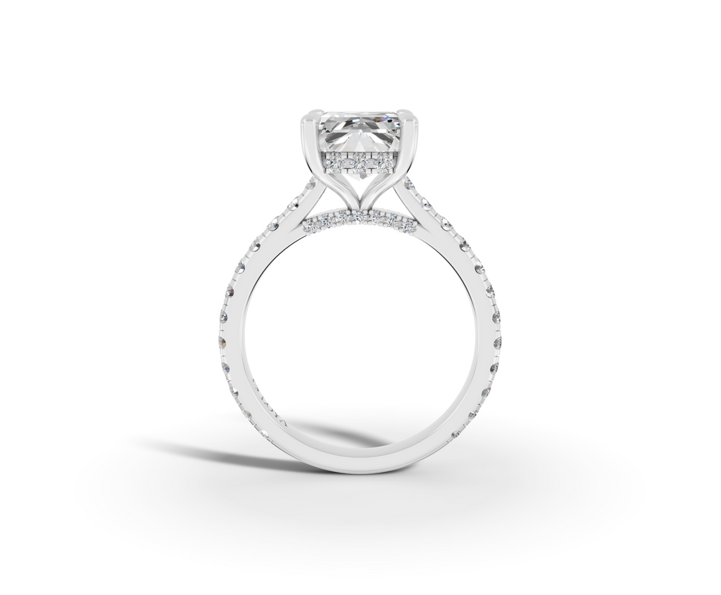 Alba Radiant Shape Ring in 18K white gold with diamonds on the band, set with a LOYA diamond (side view)