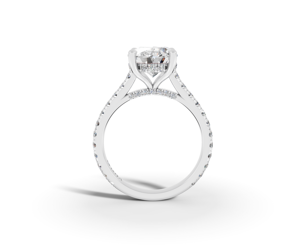 Alba Oval Shape Ring in 18K white gold with diamonds on the band, set with a LOYA diamond (side view)