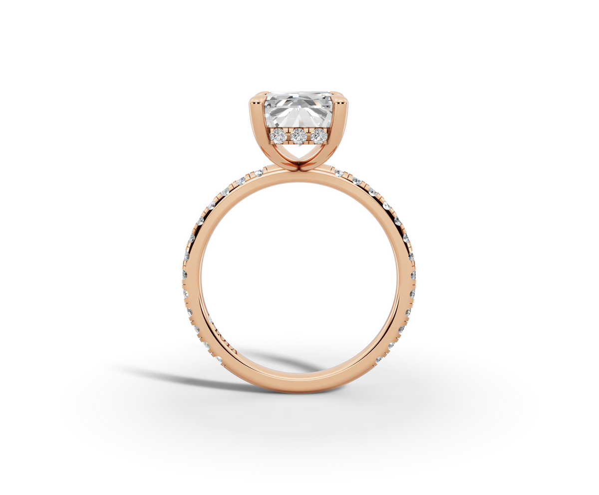 Vita Radiant Shape Ring in 18K rose gold with diamonds on the band, set with a LOYA diamond (side view)