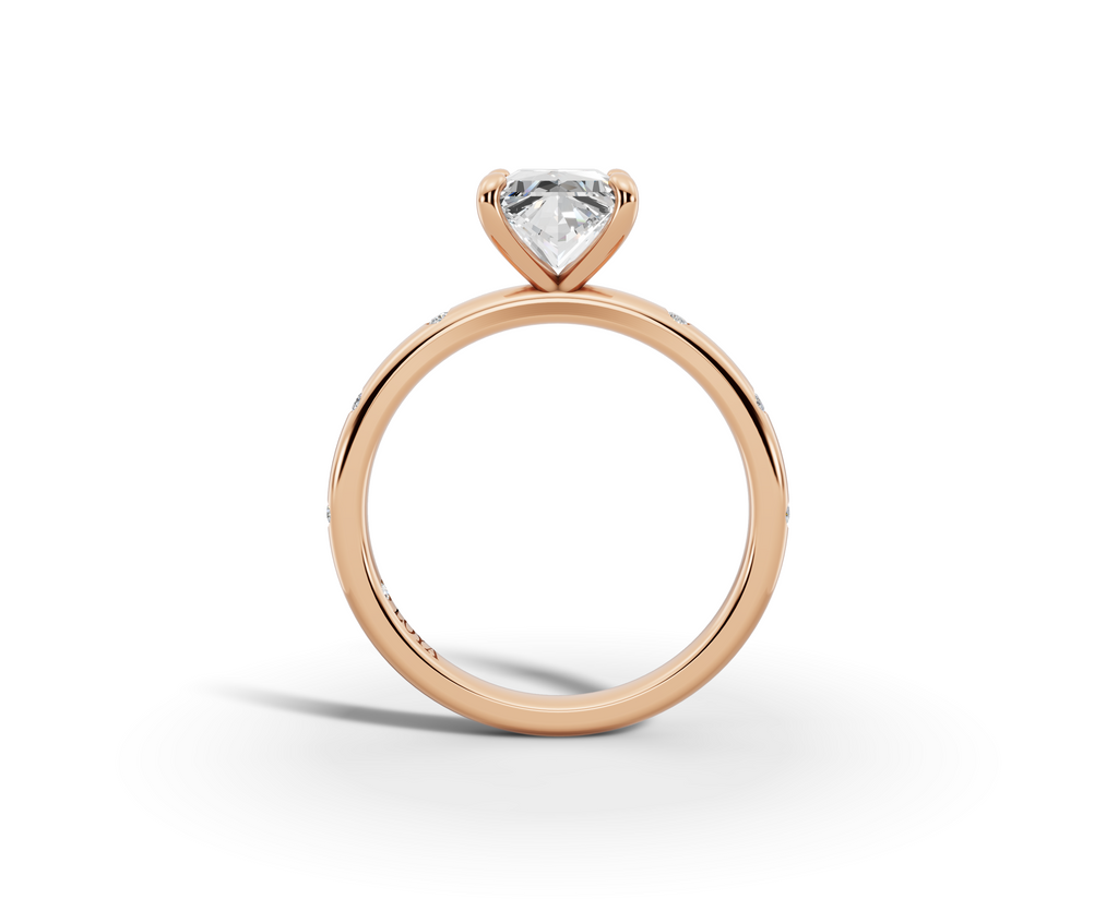 Amor Princess Shape Ring in 18K rose gold with diamonds on the band, set with a LOYA diamond (side view)