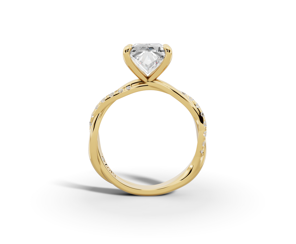 Mira Princess Shape Ring in 18K yellow gold with diamonds on the band, set with a LOYA diamond (side view)