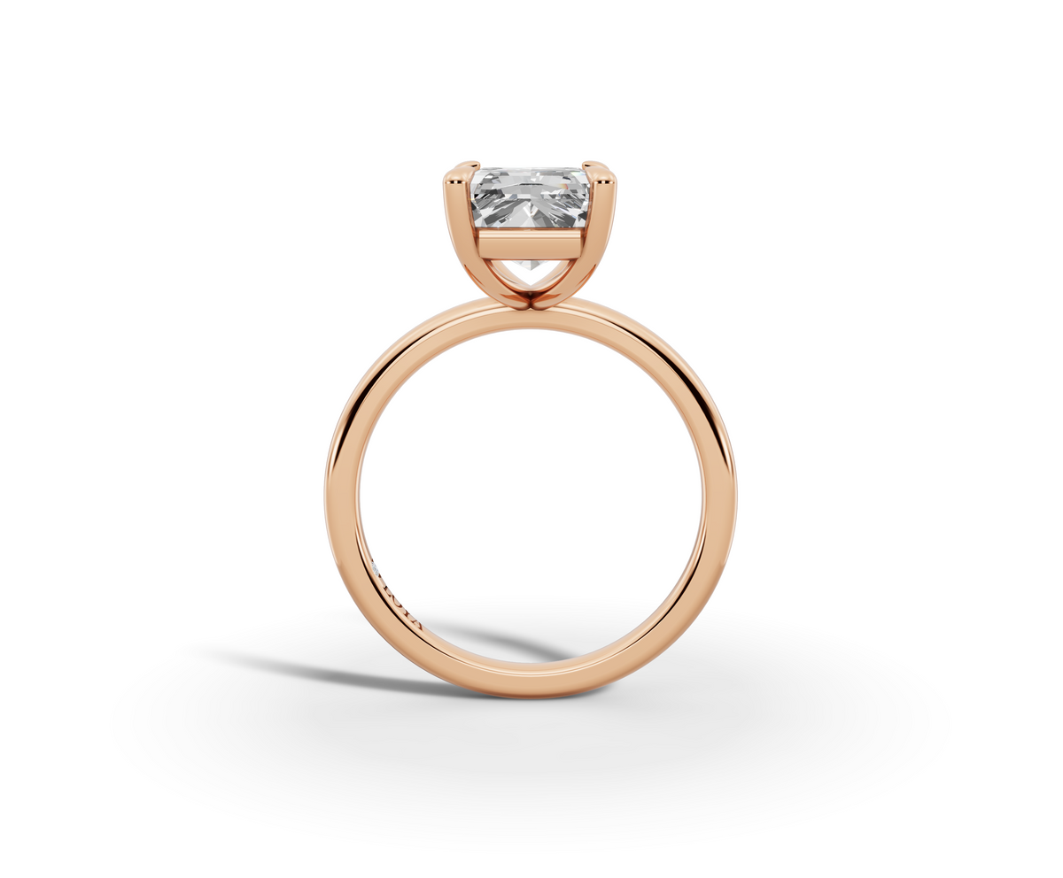 Vita Radiant Shape Ring in 18K rose gold with a plain band, set with a LOYA diamond (side view)