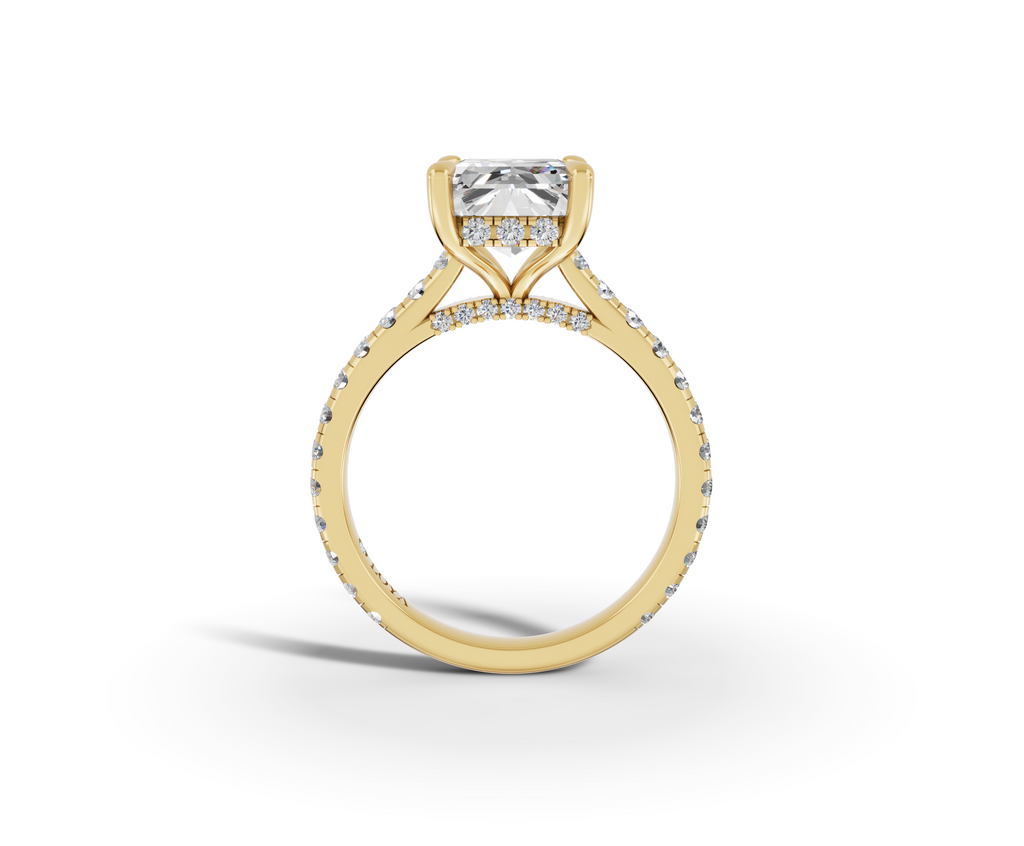 Alba Radiant Shape Ring in 18K yellow gold with diamonds on the band, set with a LOYA diamond (side view)