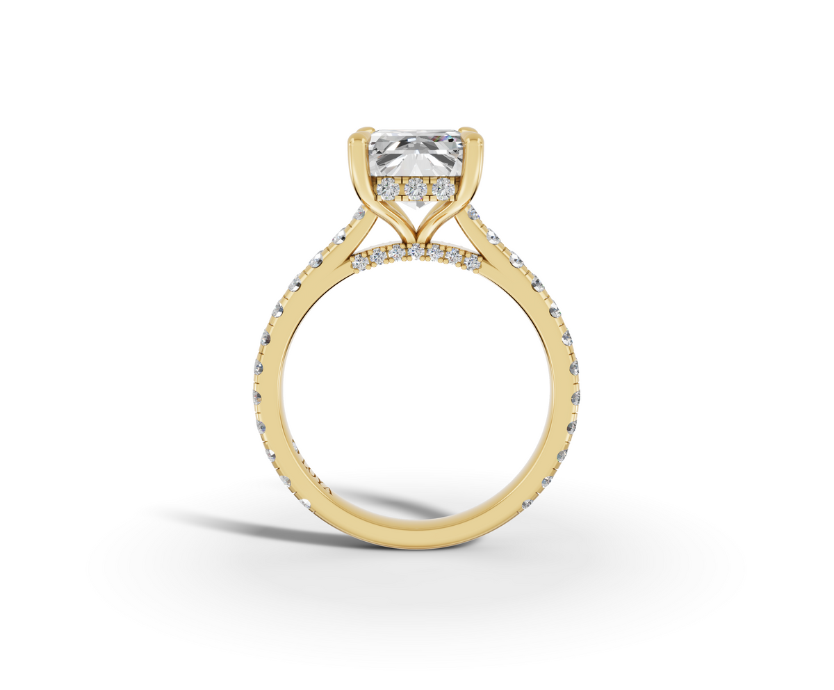 Alba Radiant Shape Ring in 18K yellow gold with diamonds on the band, set with a LOYA diamond (side view)