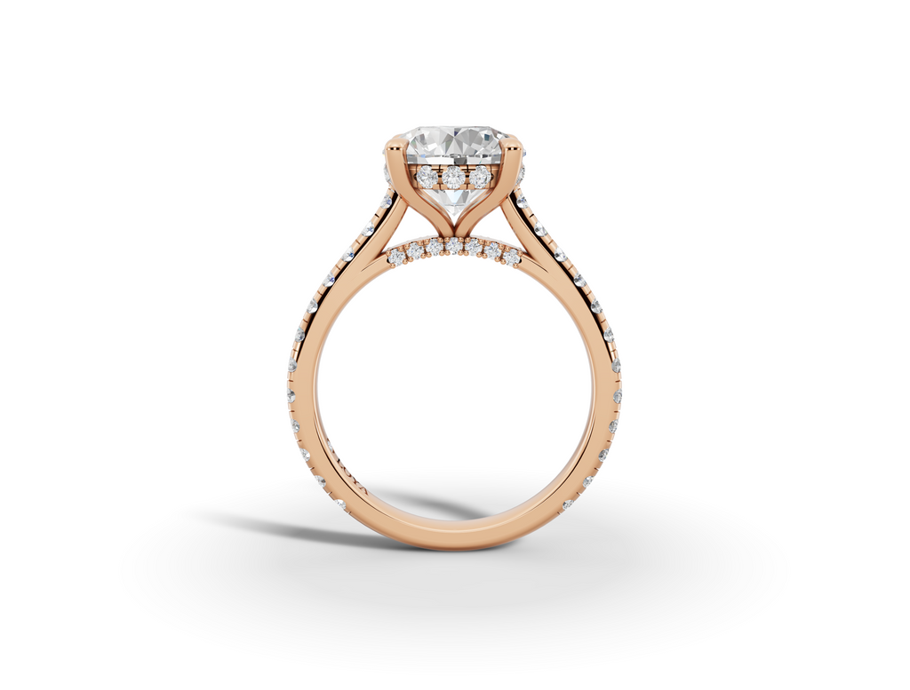 Alba Round Shape Ring in 18K rose gold with diamonds on the band, set with a LOYA diamond (side view)