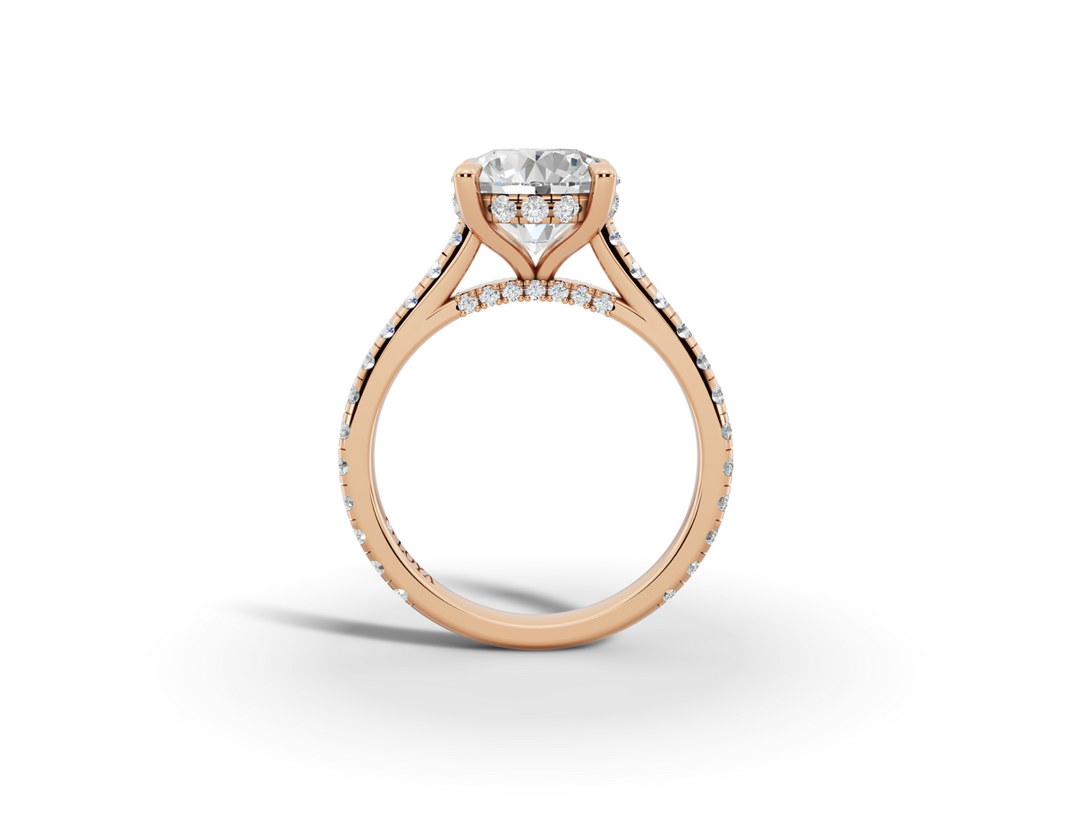 Alba Round Shape Ring in 18K rose gold with diamonds on the band, set with a LOYA diamond (side view)
