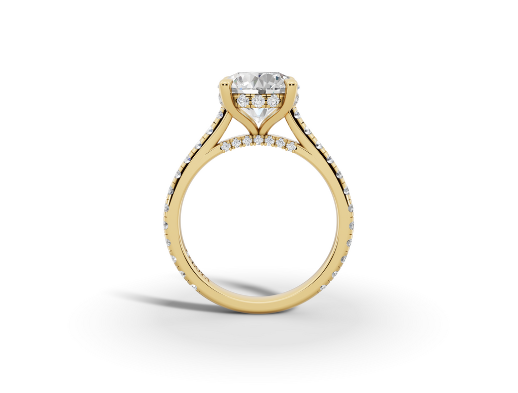 Alba Round Shape Ring in 18K yellow gold with diamonds on the band, set with a LOYA diamond (side view)