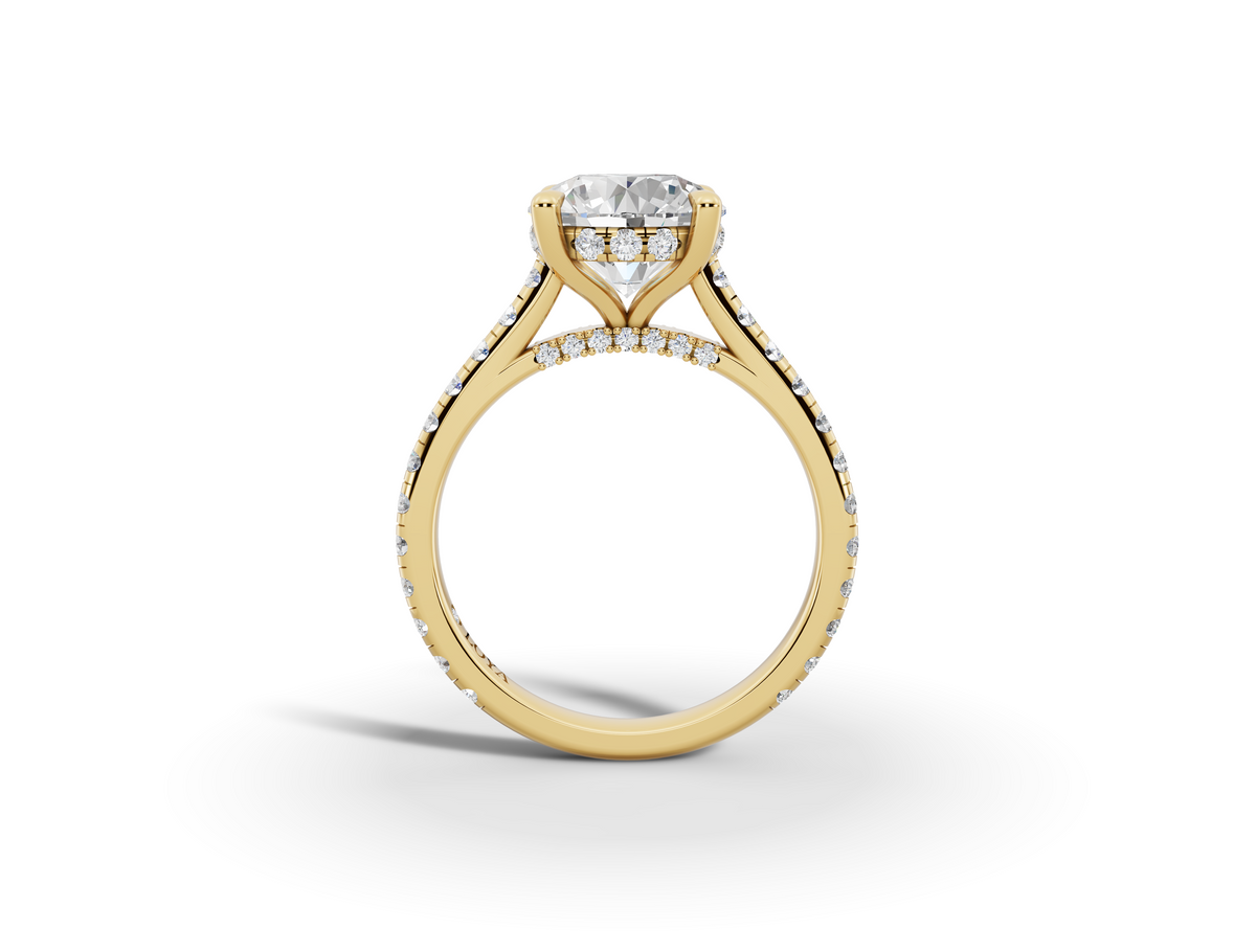 Alba Round Shape Ring in 18K yellow gold with diamonds on the band, set with a LOYA diamond (side view)