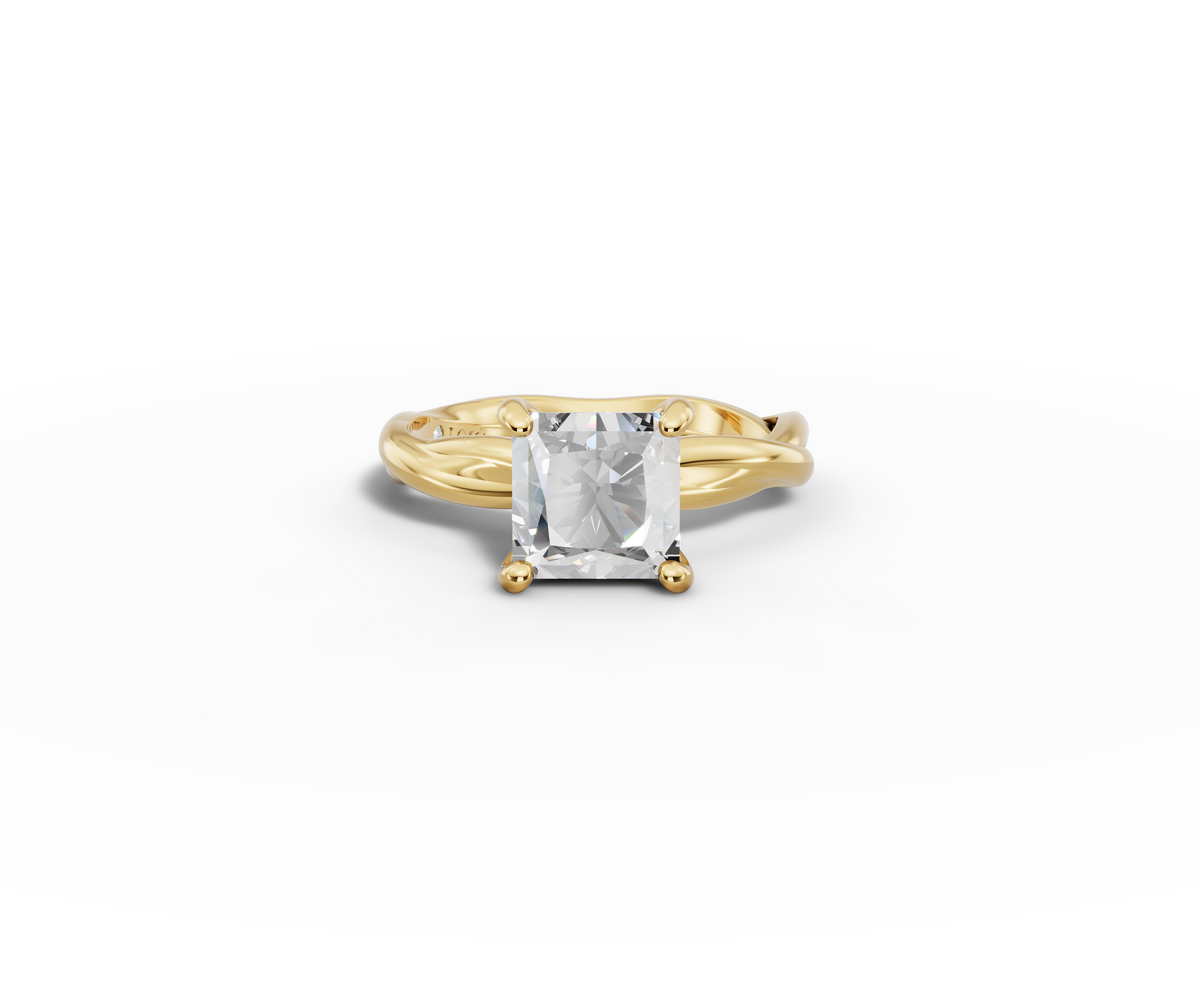 Mira Princess Shape Ring in 18K yellow gold with a plain band, set with a LOYA diamond (lying view)
