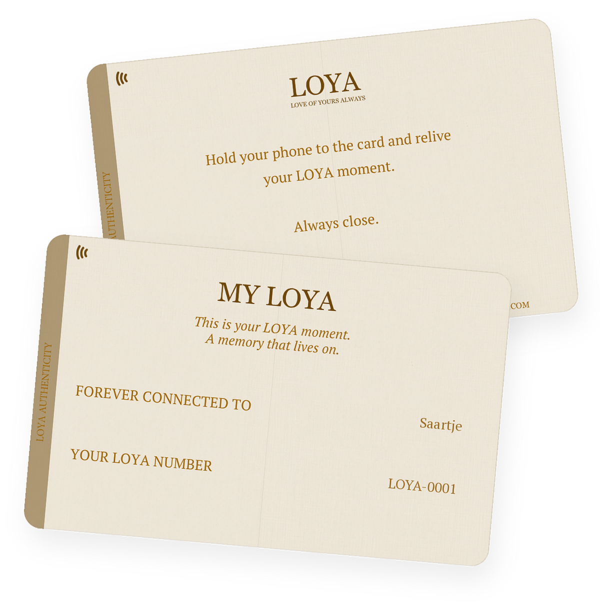 The MYLOYA card, front and back, that arrives with every LOYA diamond