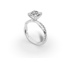Mira Round Shape Ring in 18K white gold with diamonds on the band, set with a LOYA diamond (perspective view)