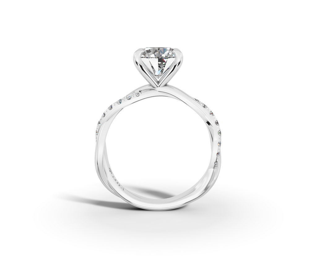 Mira Round Shape Ring in 18K white gold with diamonds on the band, set with a LOYA diamond