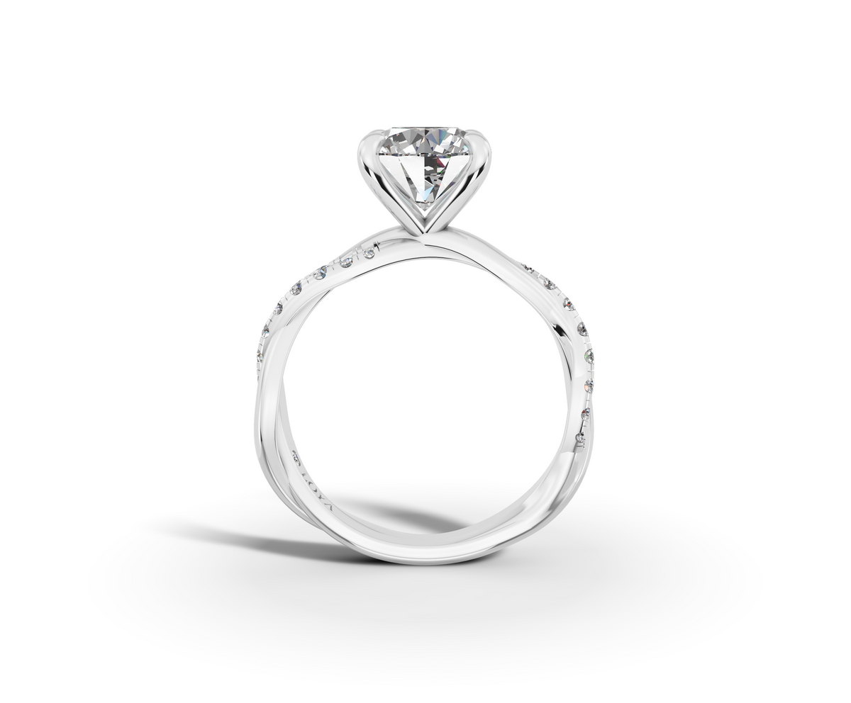 Mira Round Shape Ring in 18K white gold with diamonds on the band, set with a LOYA diamond