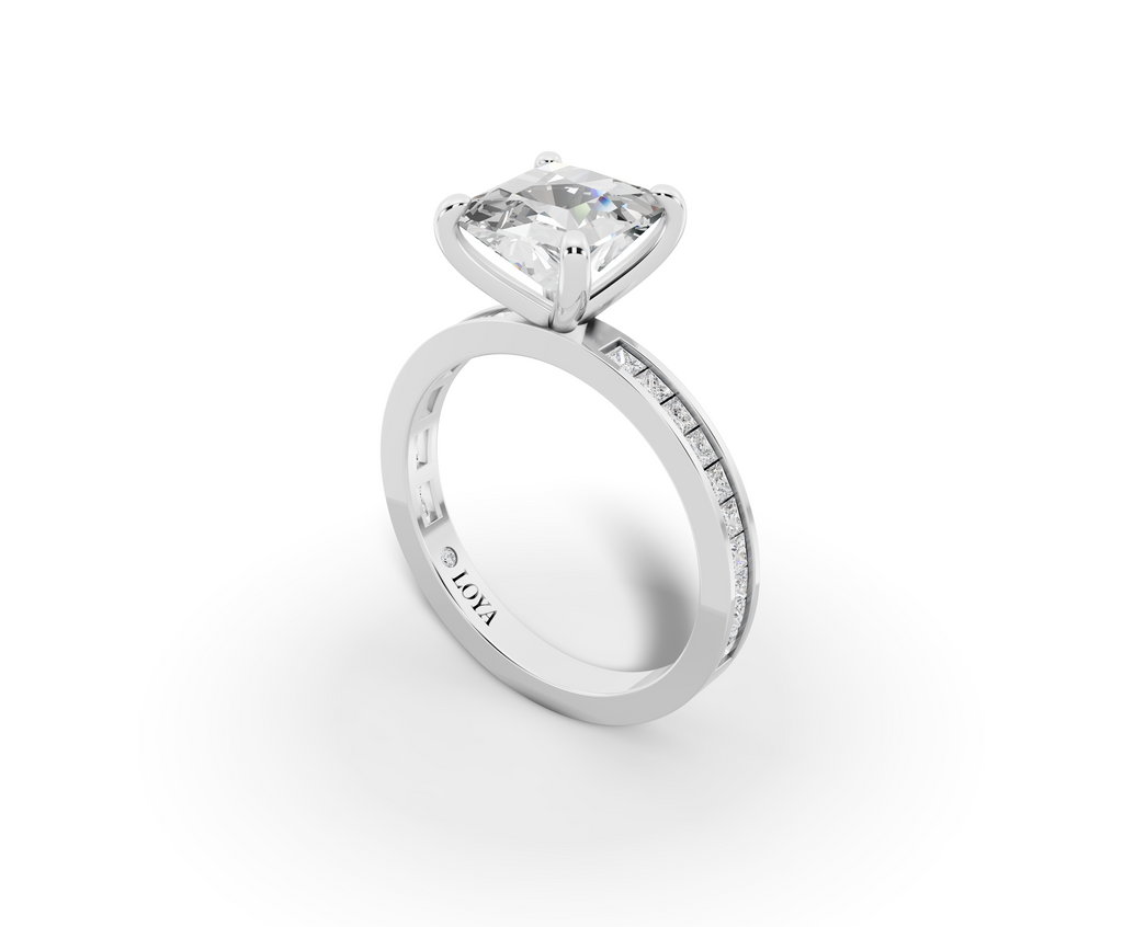 Nova Princess Shape Ring in 18K white gold with diamonds on the band, set with a LOYA diamond