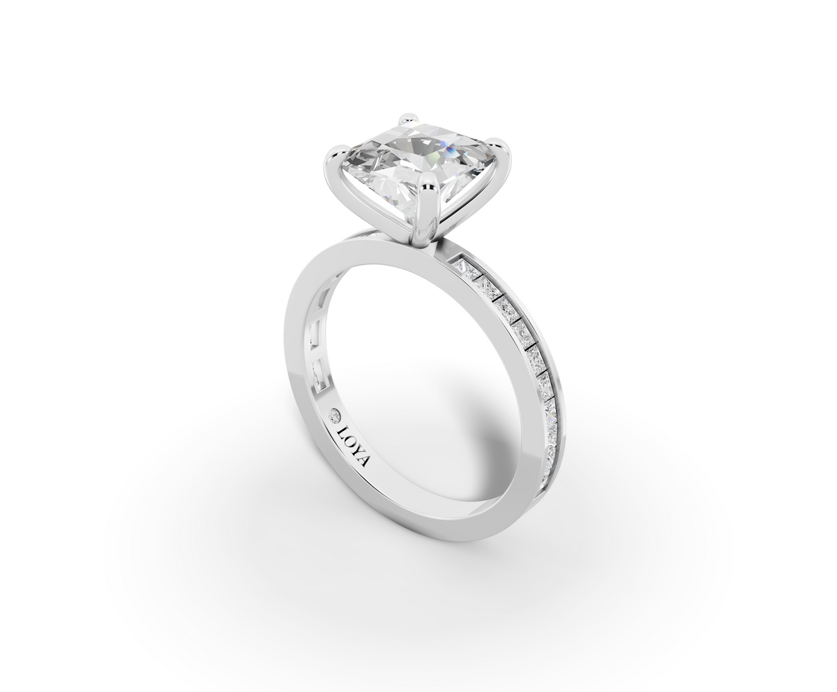 Nova Princess Shape Ring in 18K white gold with diamonds on the band, set with a LOYA diamond