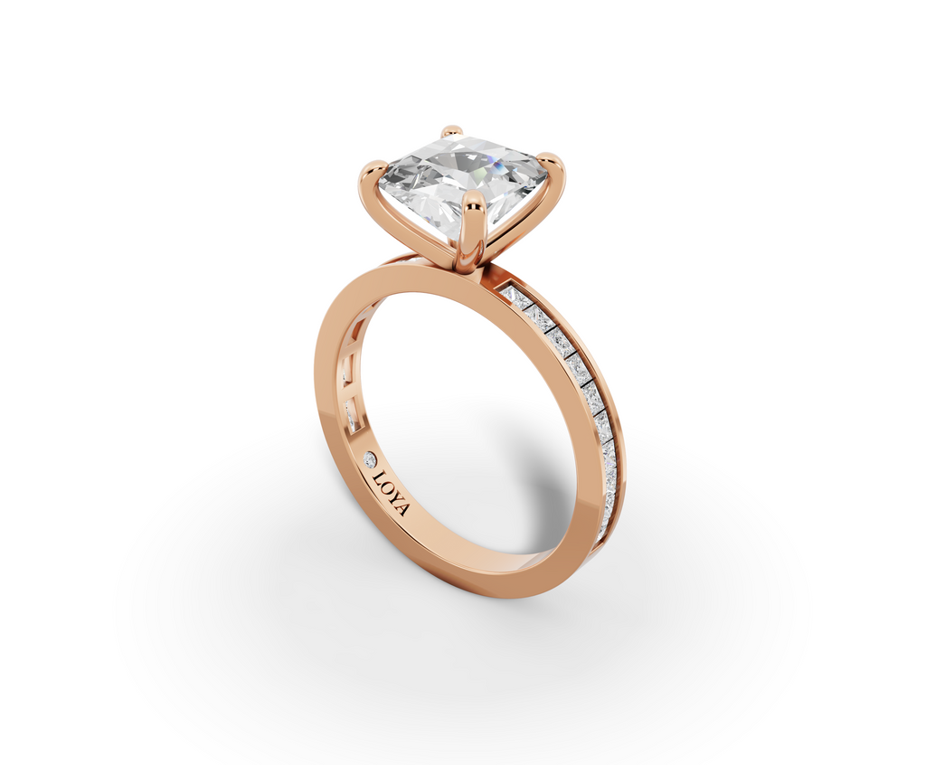 Nova Princess Shape Ring in 18K rose gold with diamonds on the band, set with a LOYA diamond
